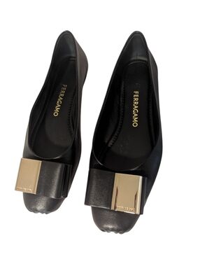 Salvatore Ferragamo, Black Lina ,Bow Ballet Flats with Gold Accent